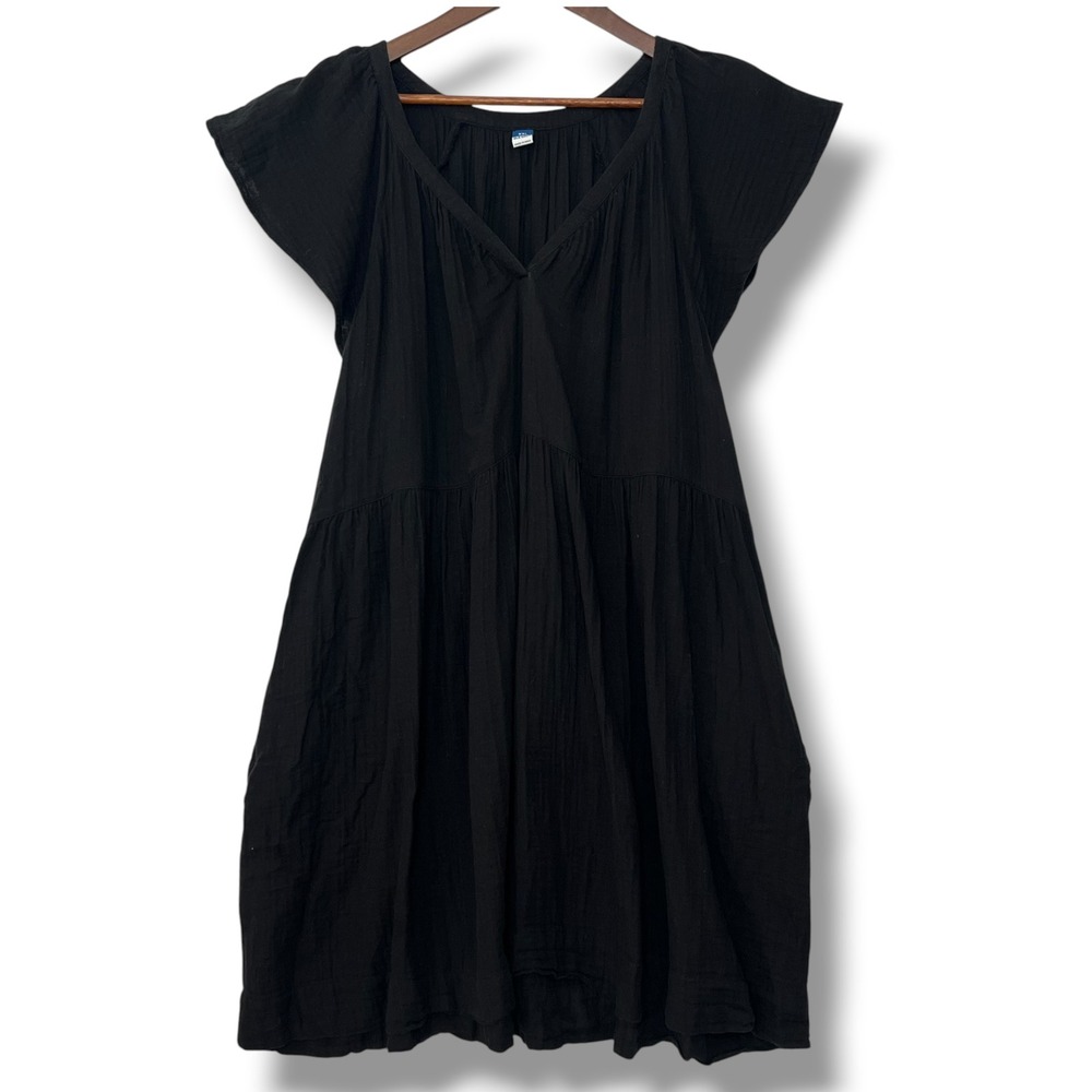 Old Navy Dress XXL Black 100% Cotton Gauze Flutter Sleeve Pockets Lightweight